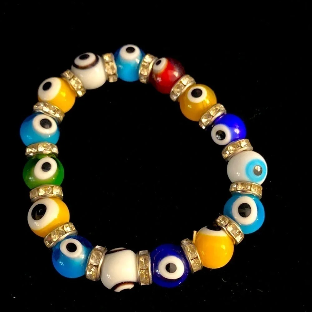 Set of Two Multi Color Evil Eye Bracelet with Crystal Beads Stretch Bracelets
